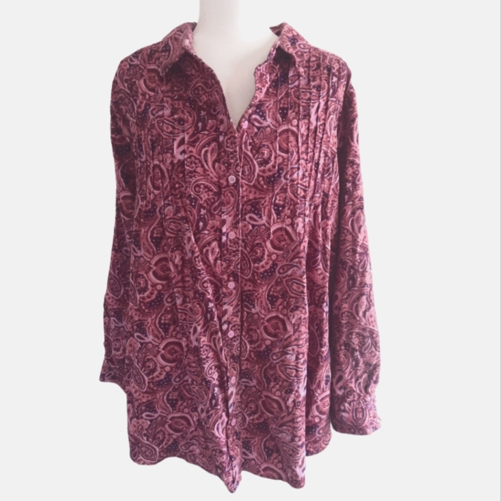 Woman Within courdroy paisley design long sleeve button-down shirt size 1X 22/24 - Picture 2 of 12